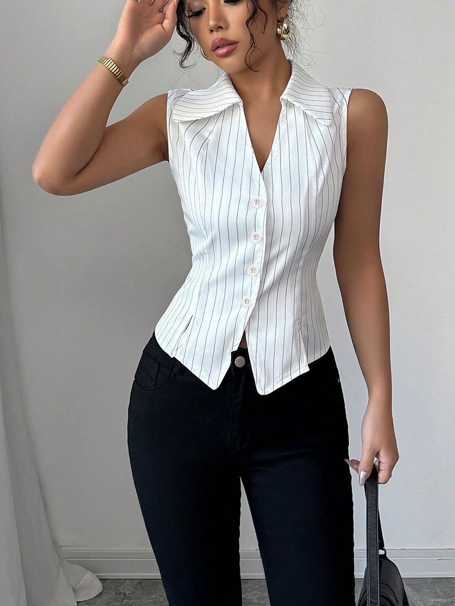 Sarah Express Striped Sleeveless Button-Down Blouse Slim Fit