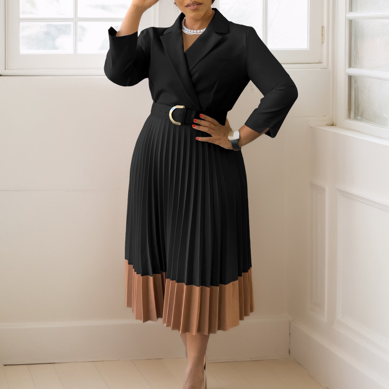 Sarah Express Women's Suit Collar Pleated A-Line Dress with Belt