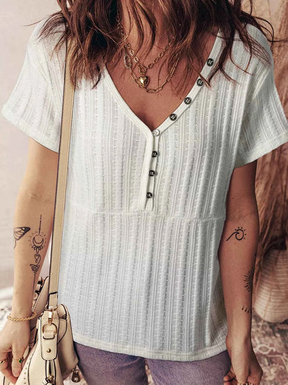 Sarah Express Women's Textured Button V-Neck Henley Tee - Casual Short Sleeve Top Cream