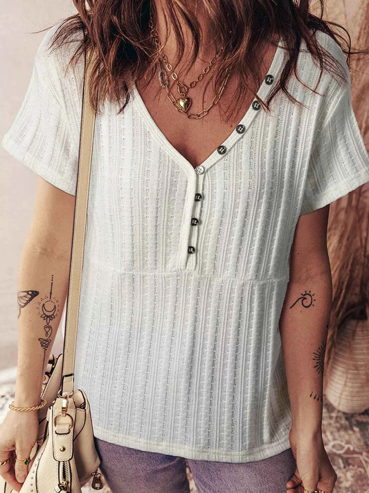 Sarah Express Women's Textured Button V-Neck Henley Tee - Casual Short Sleeve Top Cream