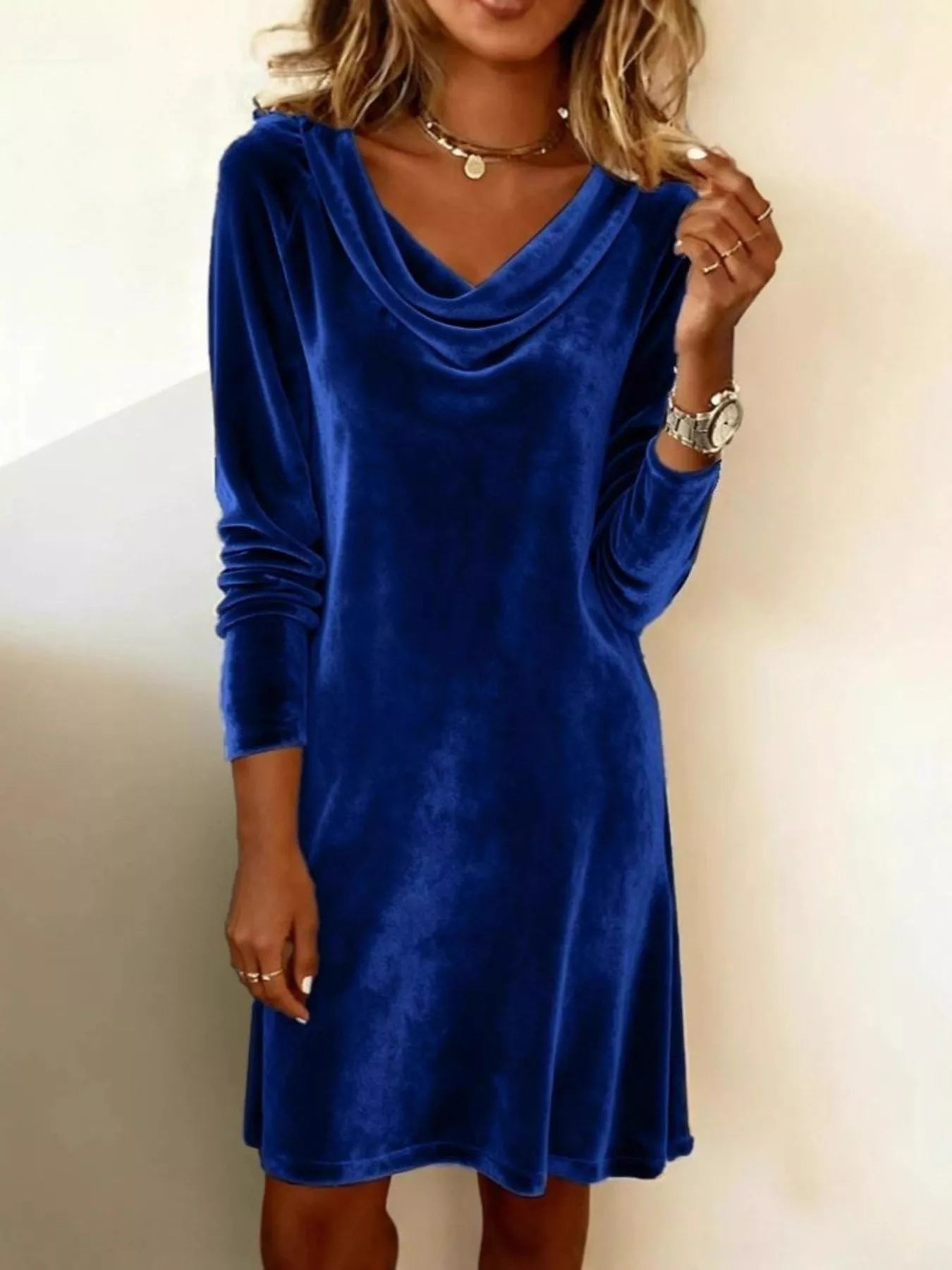 Sarah Express Women's Velvet Cowl Neck Long Sleeve Mini Dress Blue