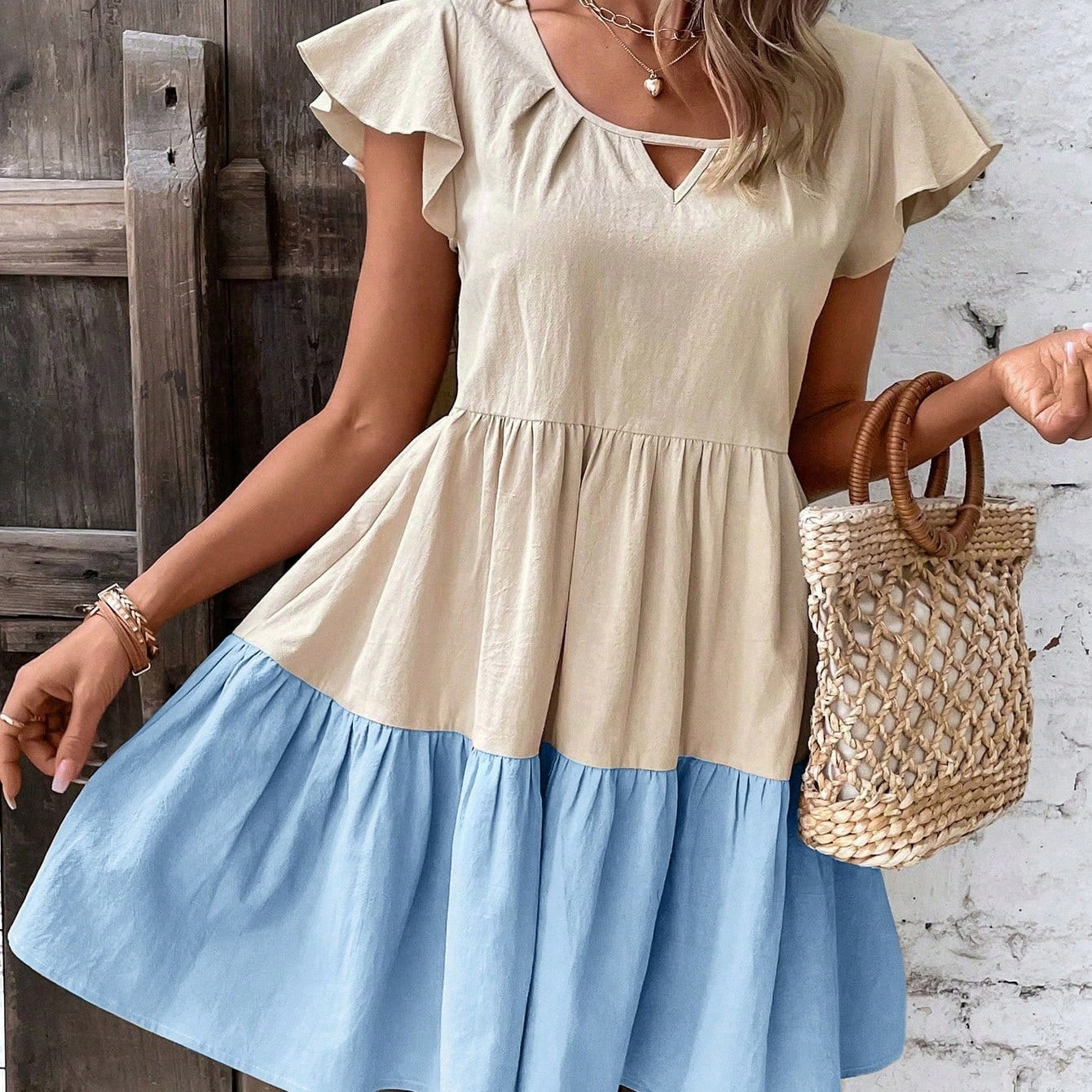 Sarah Express Women's Colorblock Smock Dress Keyhole Neckline Ruffle Hem Short Sleeve A-Line