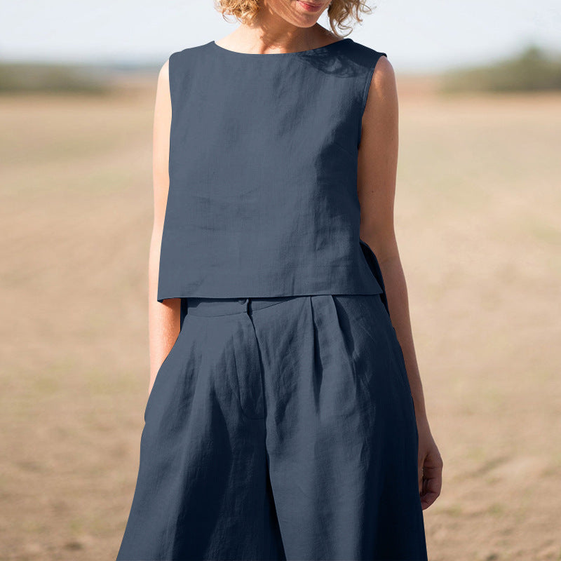 Sarah Express Cotton Linen Loose Two-Piece Set Top and Pants