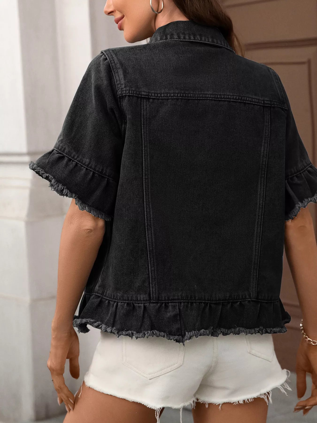 Sarah Express Women's Raw Hem Button Up Denim Jacket