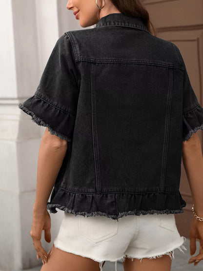 Sarah Express Women's Raw Hem Button Up Denim Jacket