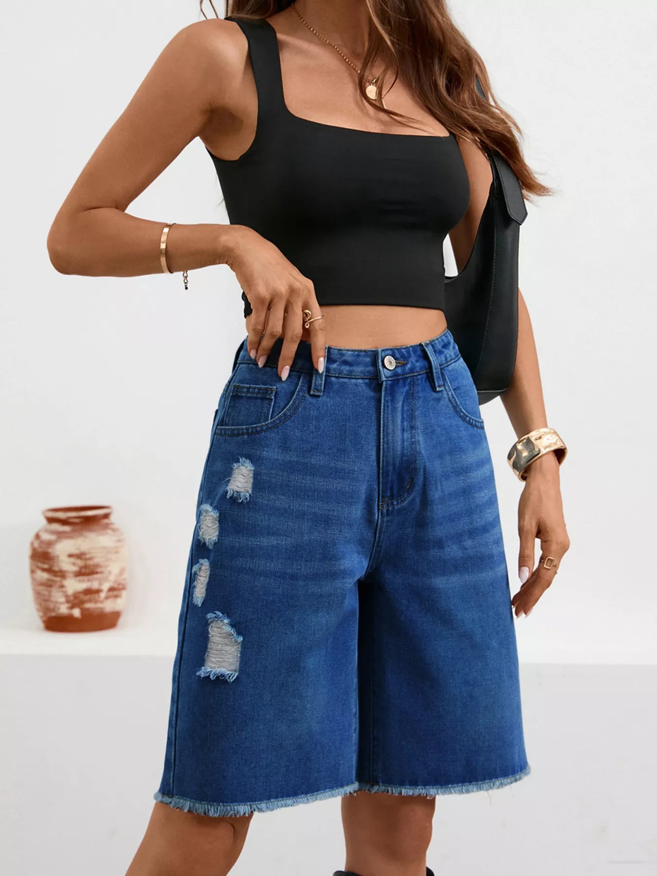 Sarah Express Women's Ripped Frayed Hem Denim Shorts