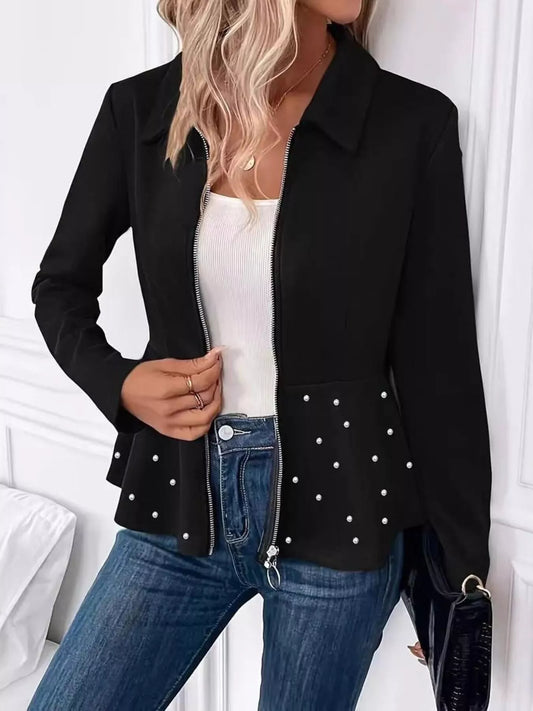 Sarah Express Women's Pearl Embellished Zip-Up Peplum Jacket