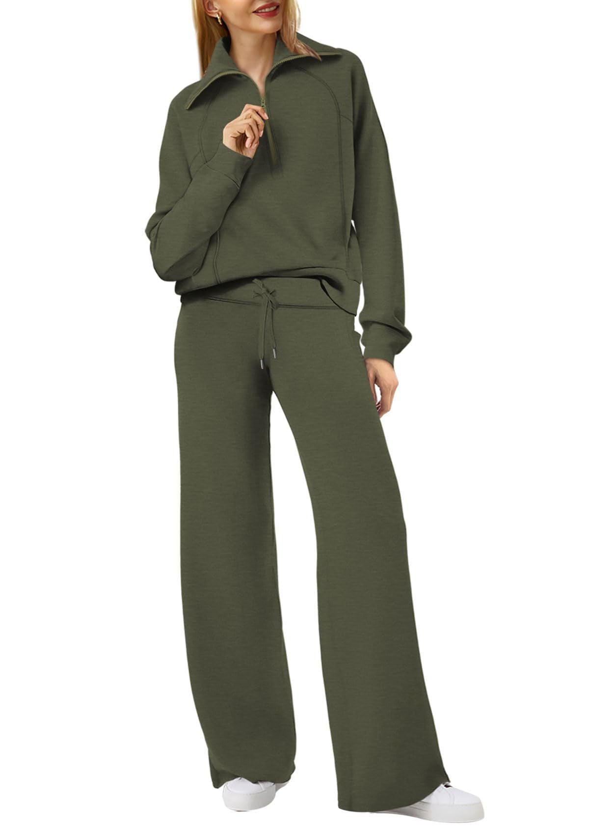 Sarah Express Women's Long Sleeve Zipper Sweatshirt and Wide-Leg Pants Athleisure Set