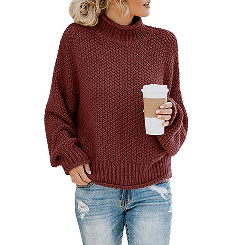 Sarah Express Solid Turtleneck Pullover Sweater Winter Fashion Casual Knitted Long-Sleeved Top Women's Clothing Deep wine red
