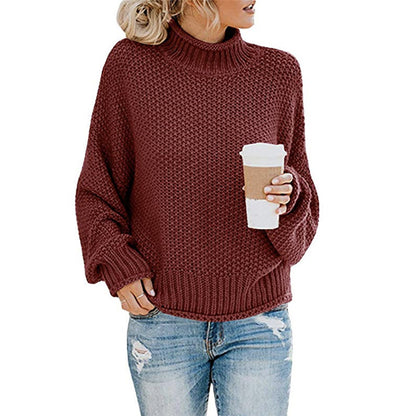 Sarah Express Solid Turtleneck Pullover Sweater Winter Fashion Casual Knitted Long-Sleeved Top Women's Clothing Deep wine red