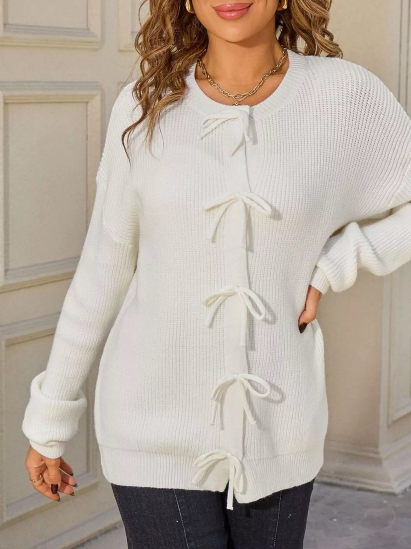 Sarah Express Women's Ribbed Knit Bow-Tie Cardigan - Premium Button-Up Sweater