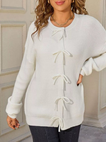 Sarah Express Women's Ribbed Knit Bow-Tie Cardigan - Premium Button-Up Sweater