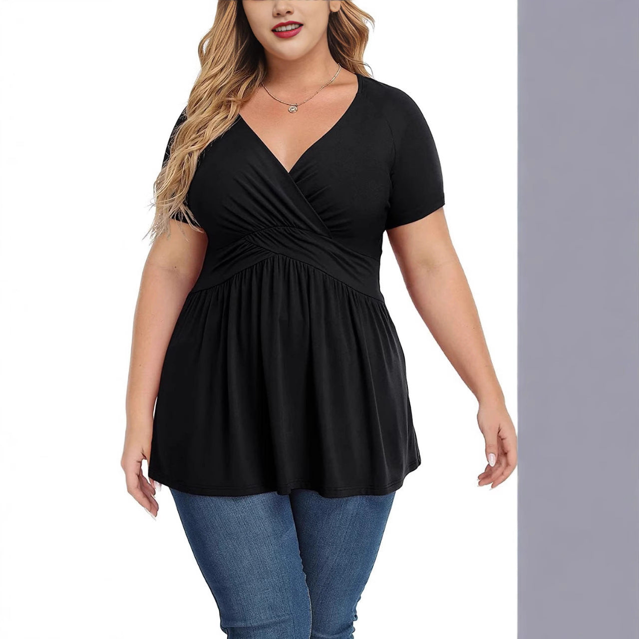 Sarah Express Women's V-Neck Short Sleeve T-Shirt with Pleated Detail Pullover Top