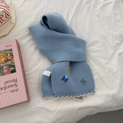 Sarah Express Women's Butterfly Embroidered Knitted Scarf - Soft Polyester Winter Wrap Blue ONESIZE