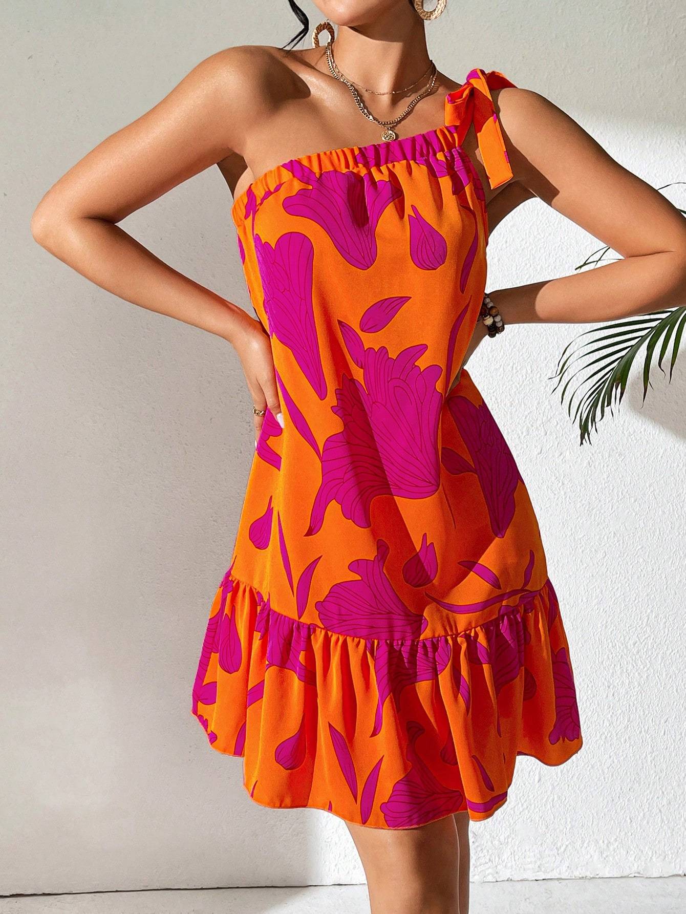 Sarah Express Floral Print One Shoulder Dress Ruffle Hem Sleeveless Midi Length