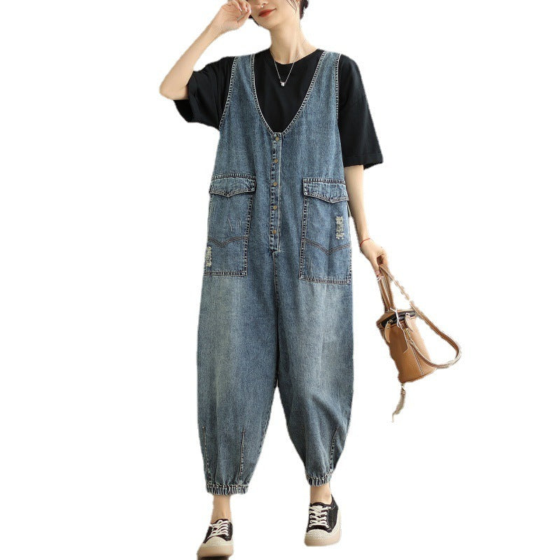Sarah Express Women's Denim-Style Tank Top Jumpsuit - Summer Casual Cropped Ankle Length Sleeveless S-XL