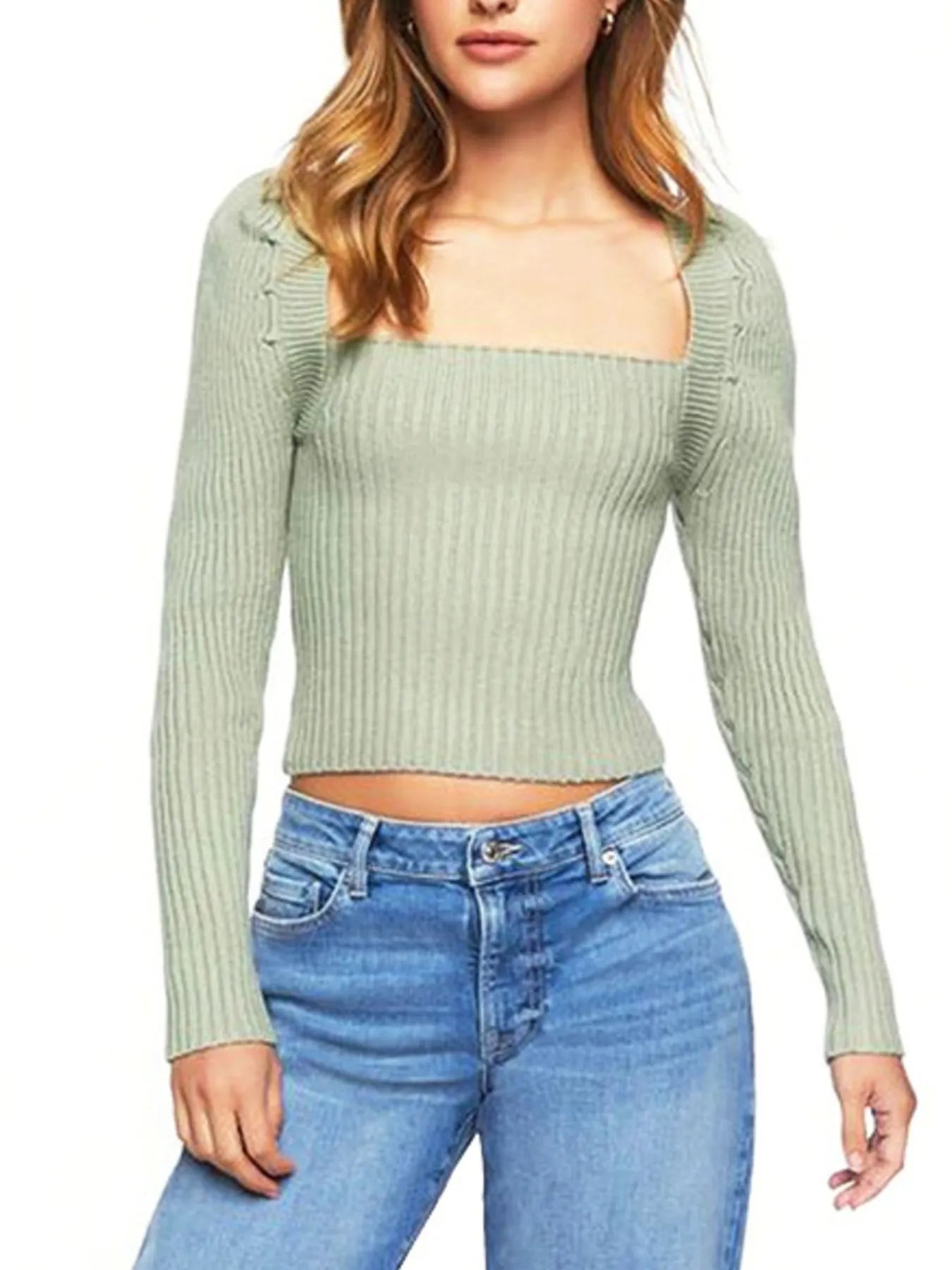 Sarah Express Women's Ribbed Square Neck Long Sleeve Sweater Green