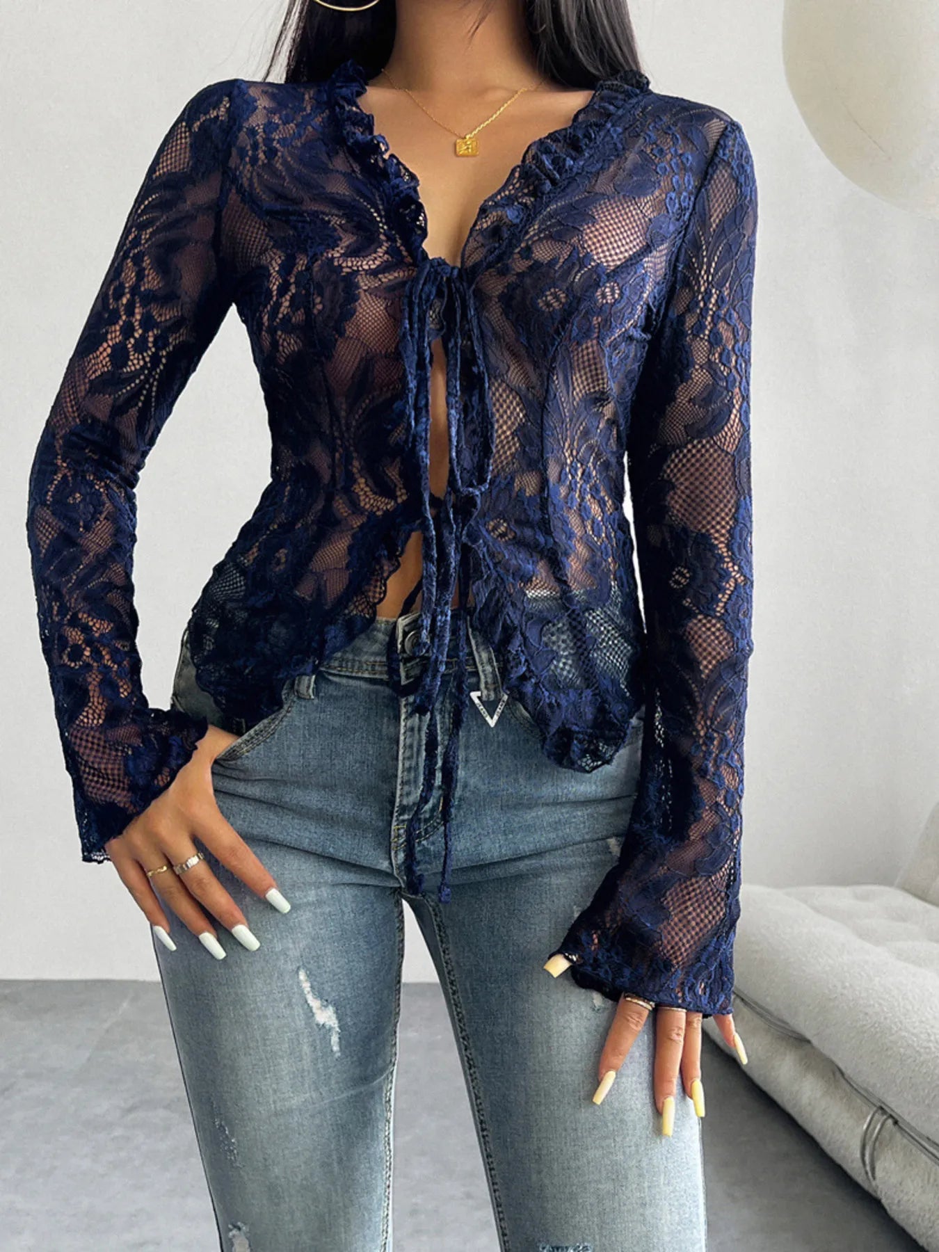 Sarah Express Women's Tie Front Long Sleeve Lace Top - Sheer Frill Detail Blouse Navy