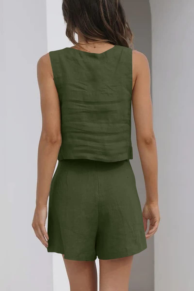 Sarah Express Women's Square Neck Cotton Linen Two-Piece Top and Shorts Set