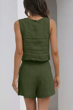 Sarah Express Women's Square Neck Cotton Linen Two-Piece Top and Shorts Set