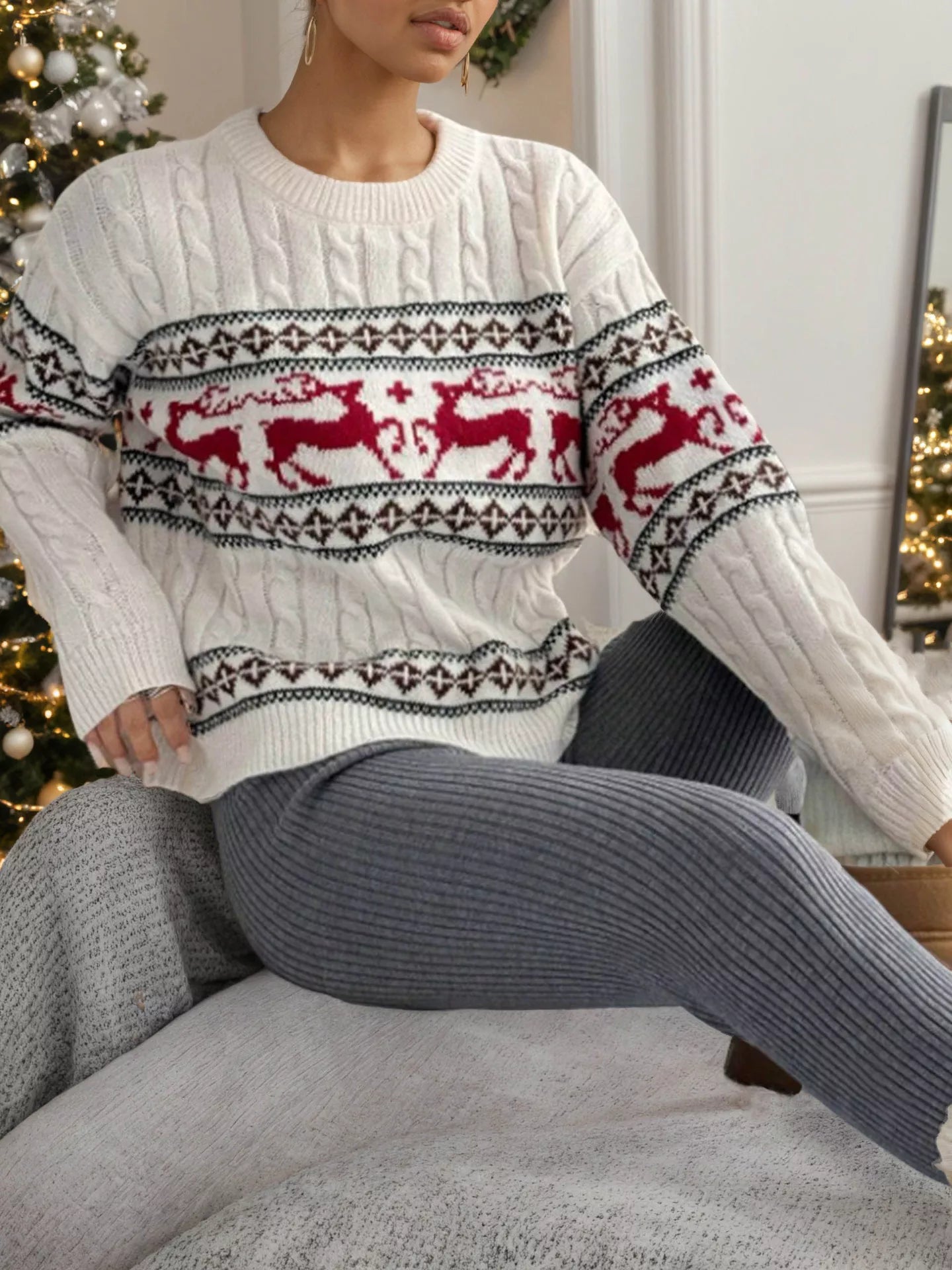 Sarah Express Women's Reindeer Pattern Cable Knit Sweater