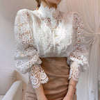 Sarah Express Women's Lace Stand Collar Blouse Long Sleeve Puff Sleeve Shirt