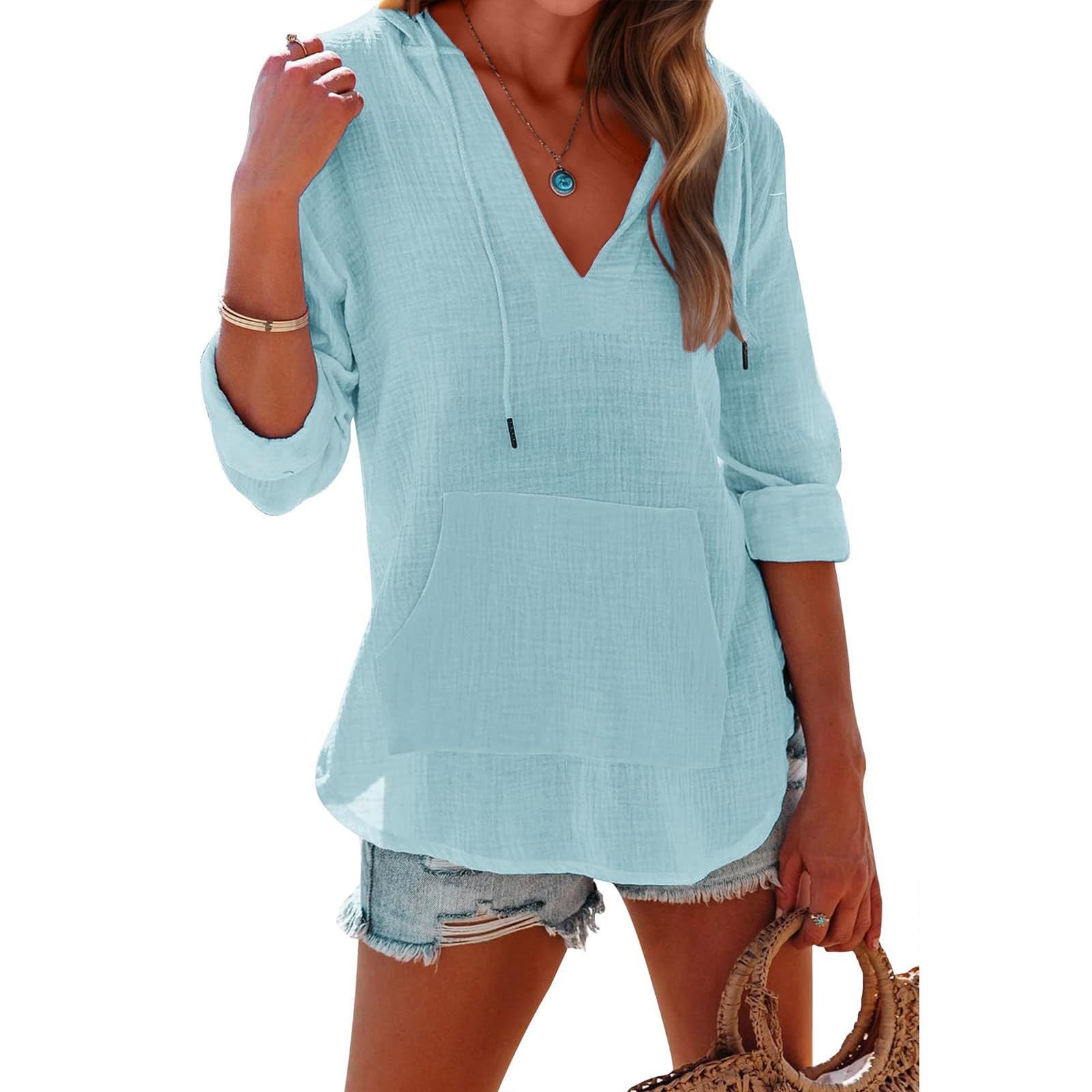 Sarah Express Women's V-Neck Hooded Shirt Long Sleeve Pockets Loose Fit