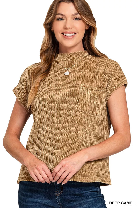 Sarah Express Women's Chenille Waffle Short Sleeve Sweater DEEP CAMEL