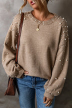Sarah Express Women's Pearl Detail Round Neck Sweater Long Sleeve Elegant Fall Winter Casual Work