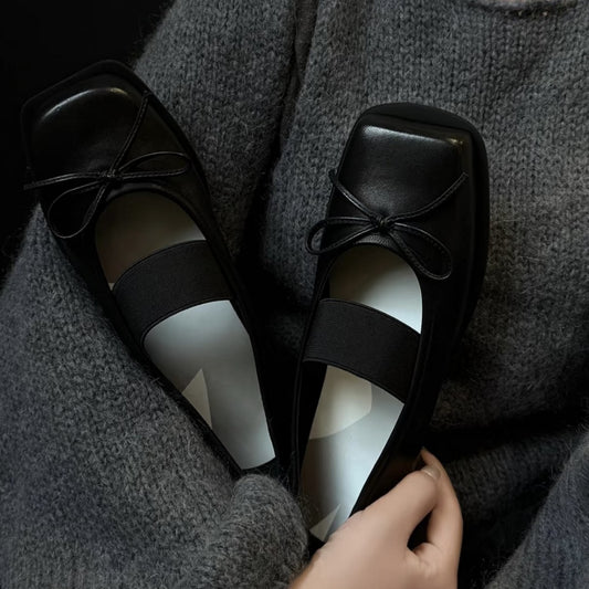 Sarah Express Women's Bow-Knot Genuine Leather Ballet Flats - Chunky Heel Mary Jane Shoes