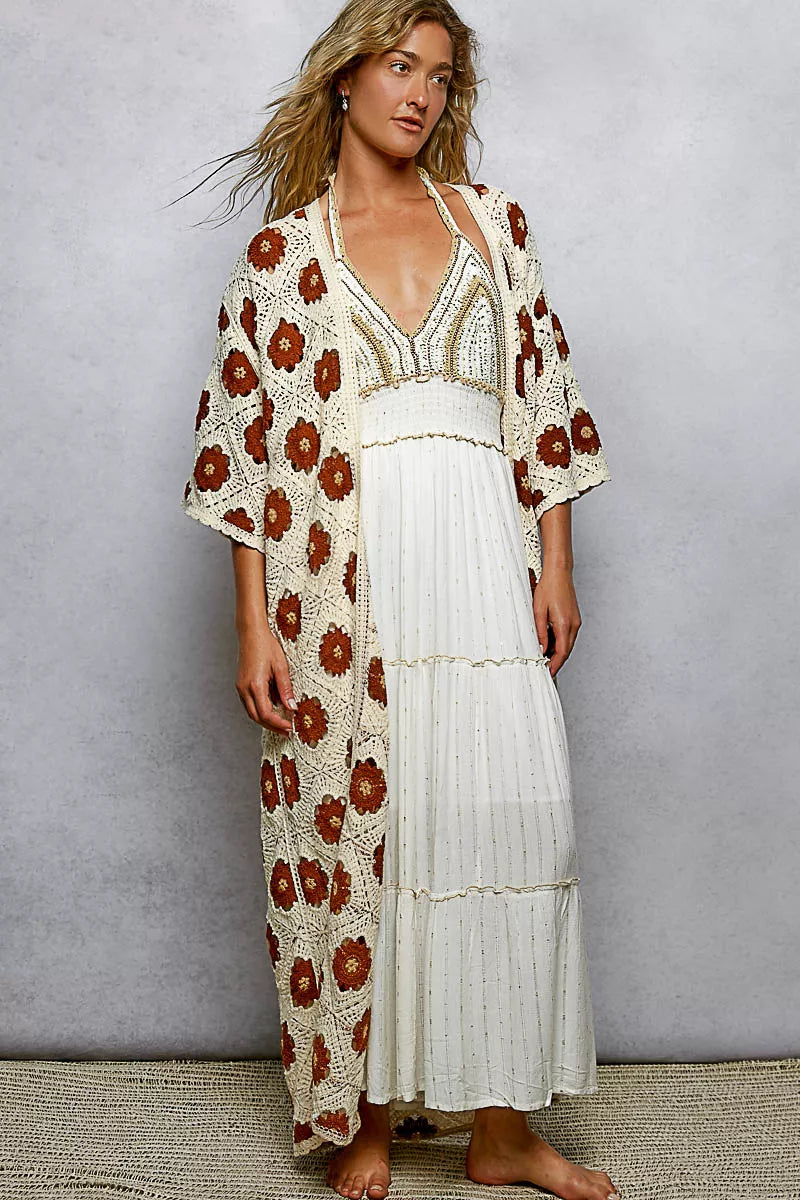 Sarah Express Women's Open Front Floral Crochet Longline Cardigan NATURAL CHOCO One Size