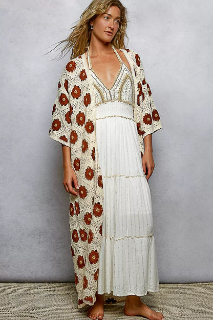 Sarah Express Women's Open Front Floral Crochet Longline Cardigan NATURAL CHOCO One Size