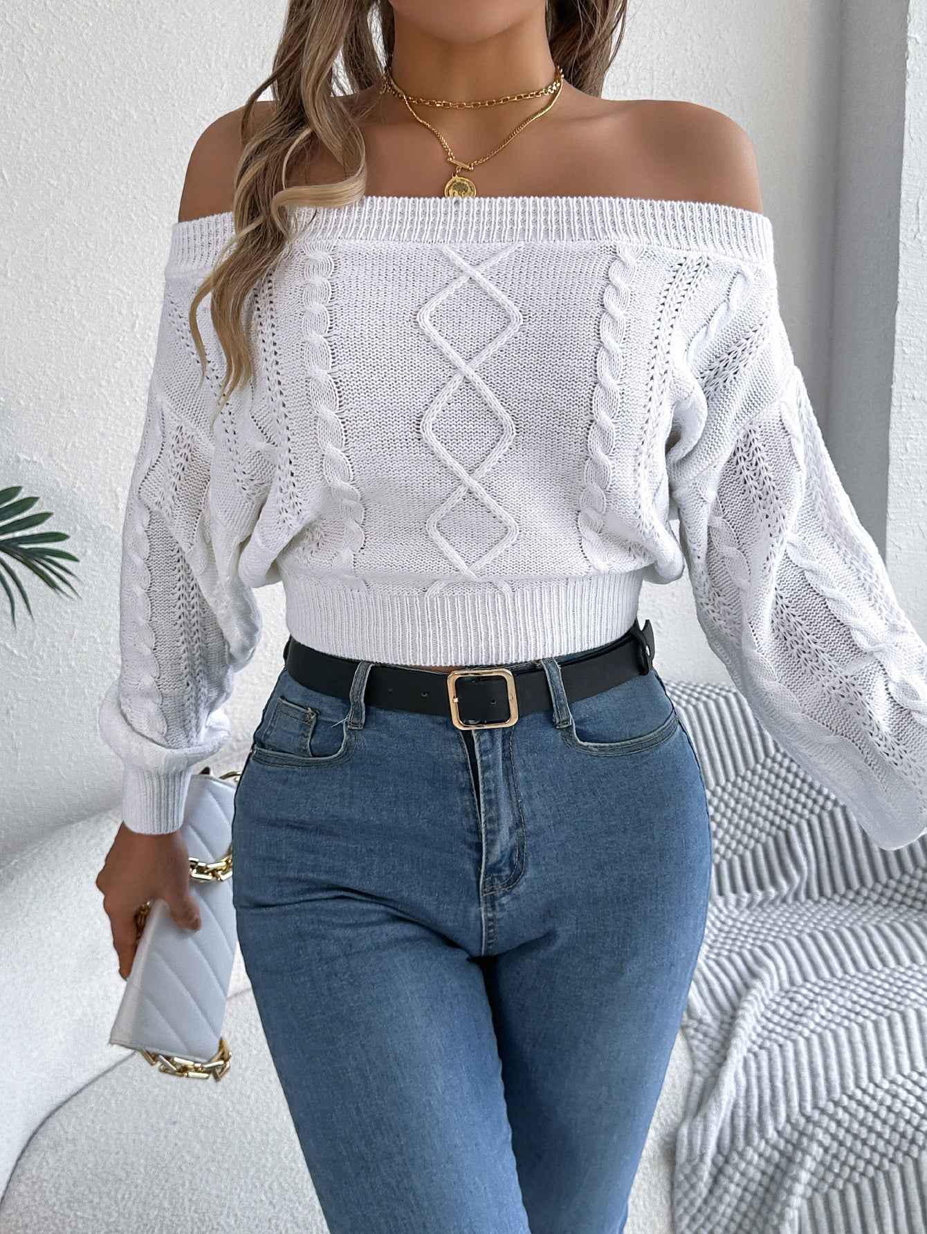 Sarah Express Women's Off-Shoulder V-Neck Pullover Sweater - Casual Solid Color Long Sleeve