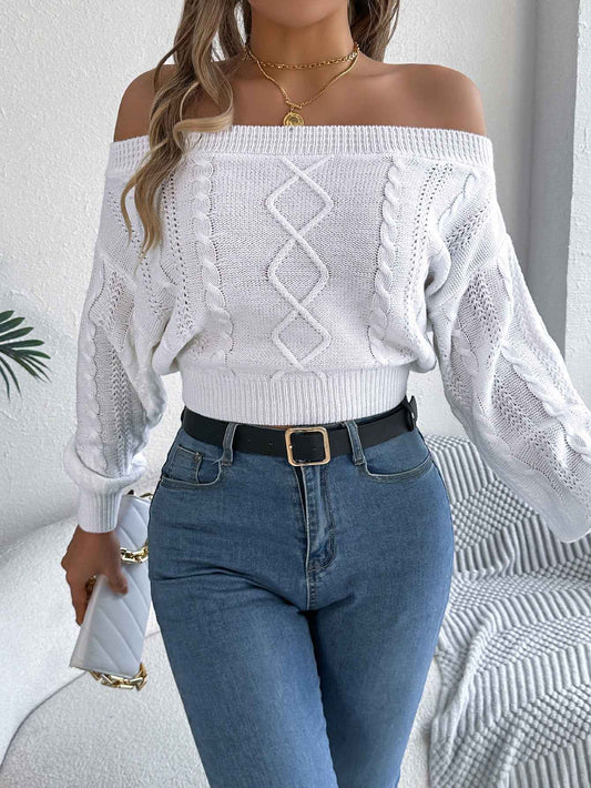 Sarah Express Women's Off-Shoulder V-Neck Pullover Sweater - Casual Solid Color Long Sleeve