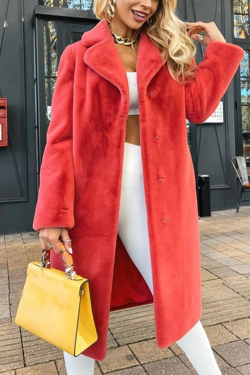 Sarah Express Lace-Up Plush Long Coat Turn-Down Collar Outerwear