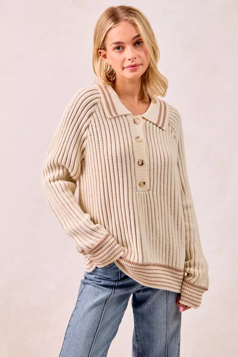 Sarah Express Women’s Two Tone Ribbed Sweater with Half Button Collar
