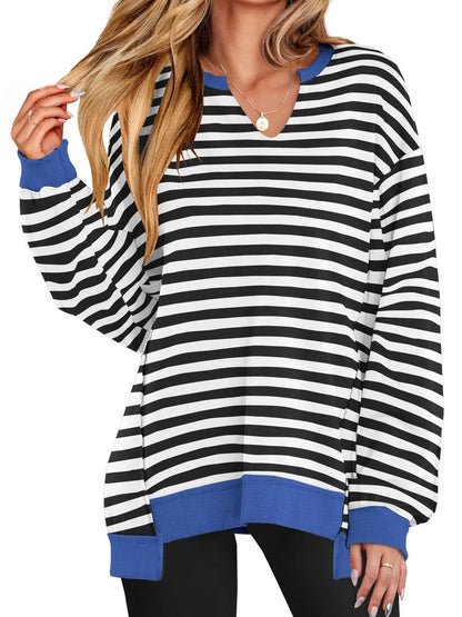 Sarah Express Women's Notched Long Sleeve Oversized Sweatshirt Black And White Stripes
