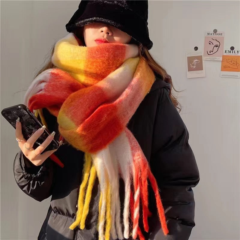 Sarah Express Rainbow Plaid Tassel Scarf Color Block Oversized Shawl Wrap