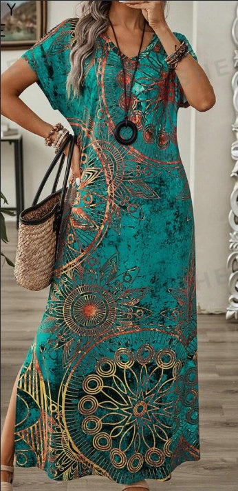 Sarah Express Women's Vintage Floral V-Neck Batwing Sleeve Maxi Dress