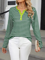 Sarah Express Women's Striped Long Sleeve Henley T-Shirt - Button Front Casual Top