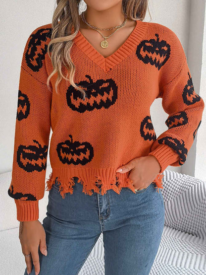 Sarah Express Women's Color Block Pumpkin Distressed Pullover Sweater Long Sleeve Knitwear