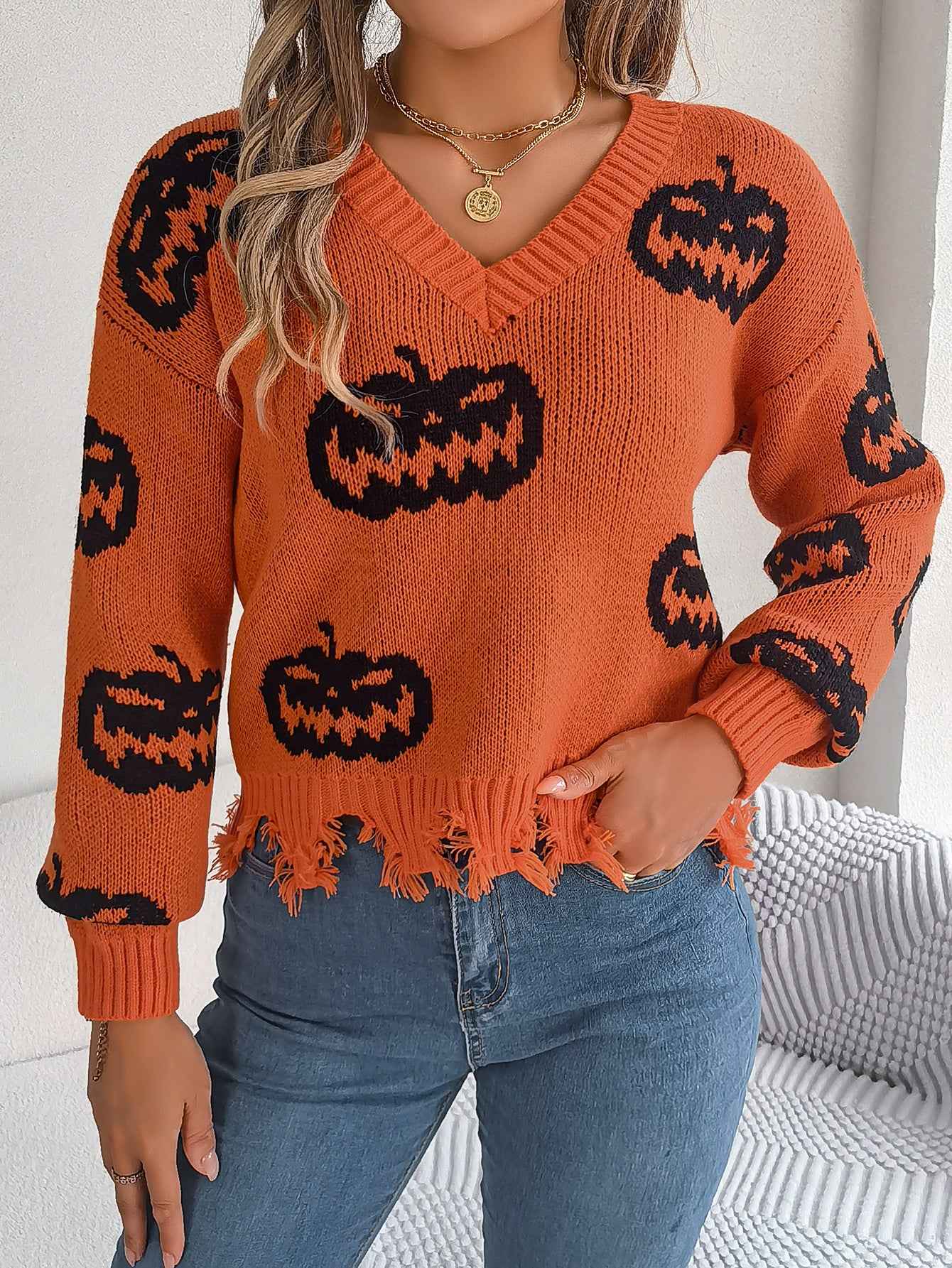 Sarah Express Women's Color Block Pumpkin Distressed Pullover Sweater Long Sleeve Knitwear Orange