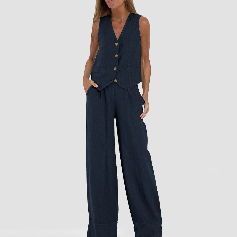 Sarah Express Women's V-Neck Button Vest and Straight Pants Two Piece Set