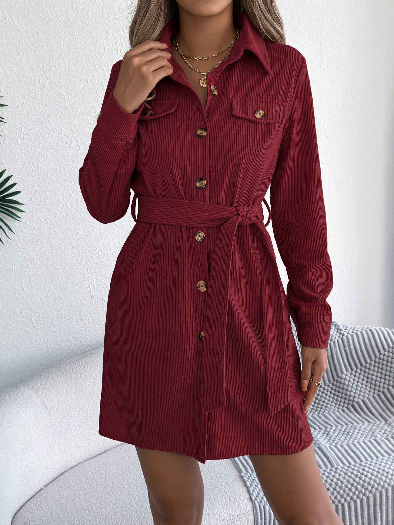 Sarah Express Women's Corduroy Shirt Dress - Long Sleeve Button Front Casual Dress