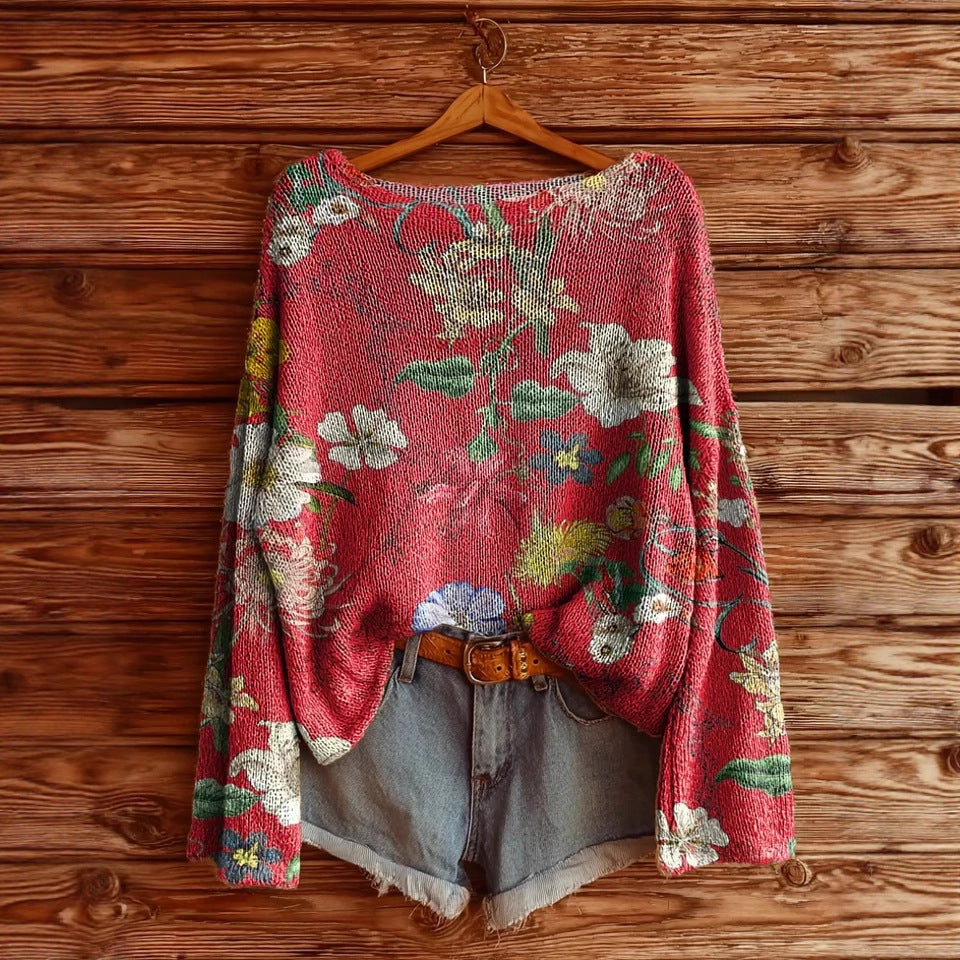 Sarah Express Women's Floral Printed Long Sleeve Pullover Top Brushed Loose Fit