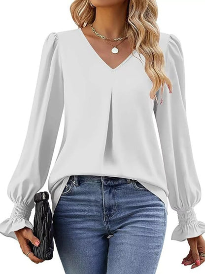 Sarah Express Women's V-Neck Long Sleeve Ruffle Cuff Blouse