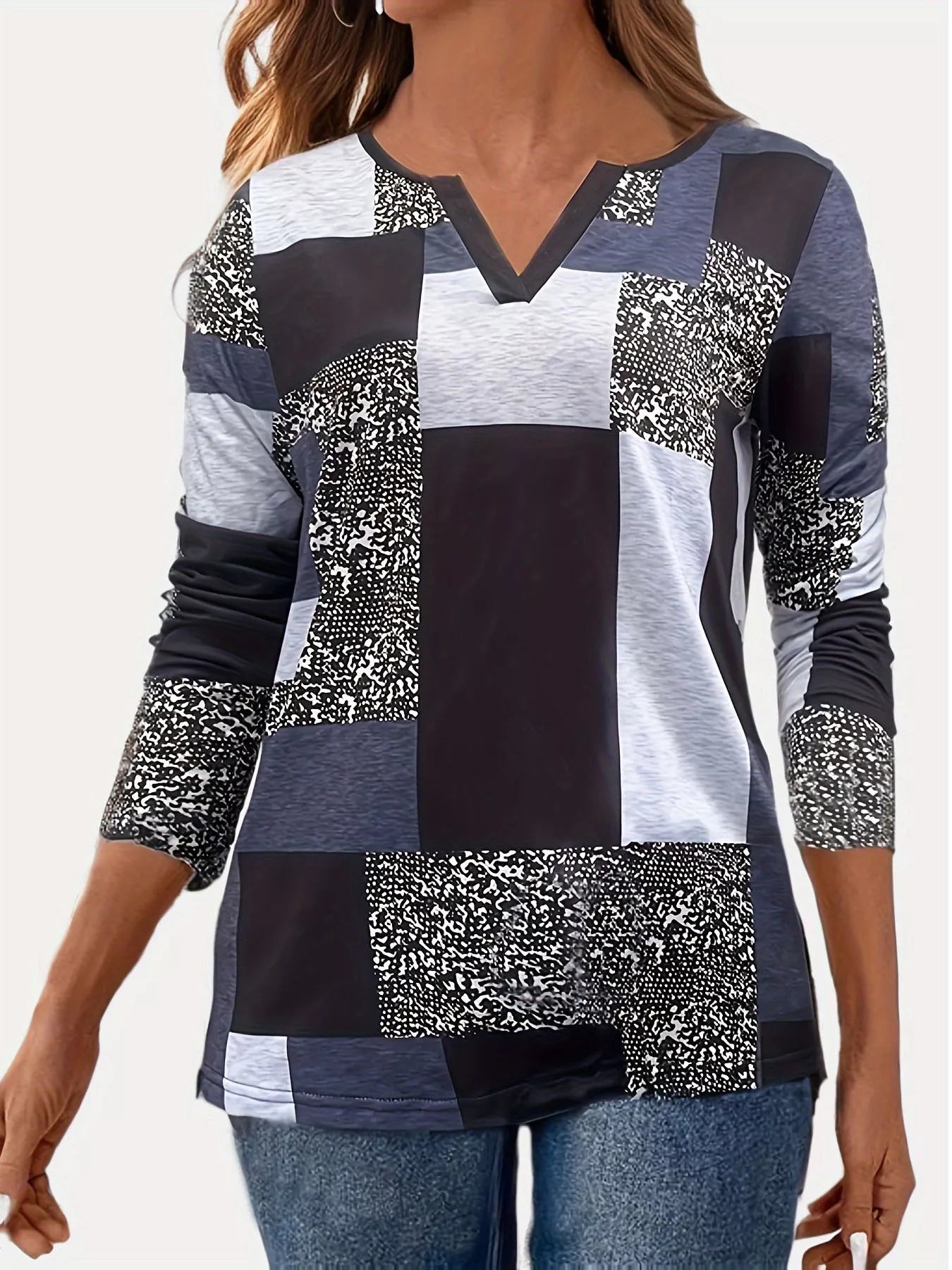 Sarah Express Women's Notched Long Sleeve T-Shirt Dark Blue