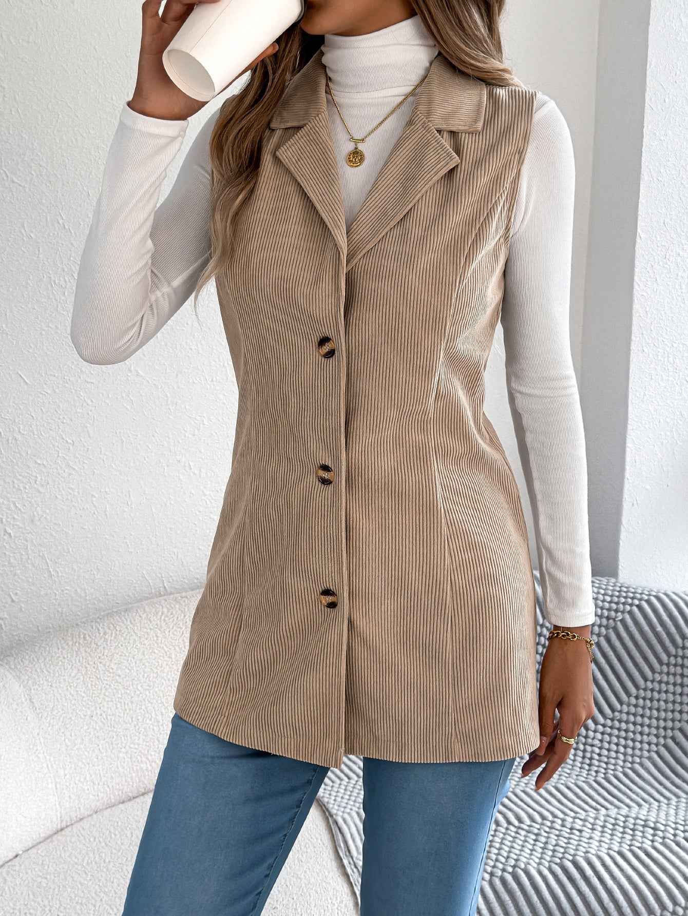 Sarah Express Women's Single-Breasted Corduroy Vest Jacket Blazer Khaki