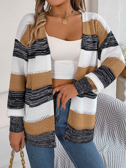 Sarah Express Women's Color Block Stripe Cardigan Sweater with Lantern Sleeves