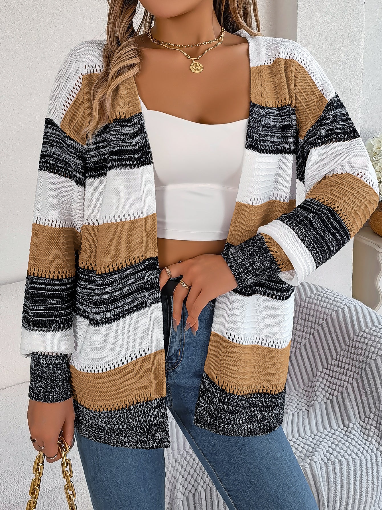 Sarah Express Women's Color Block Stripe Cardigan Sweater with Lantern Sleeves Khaki